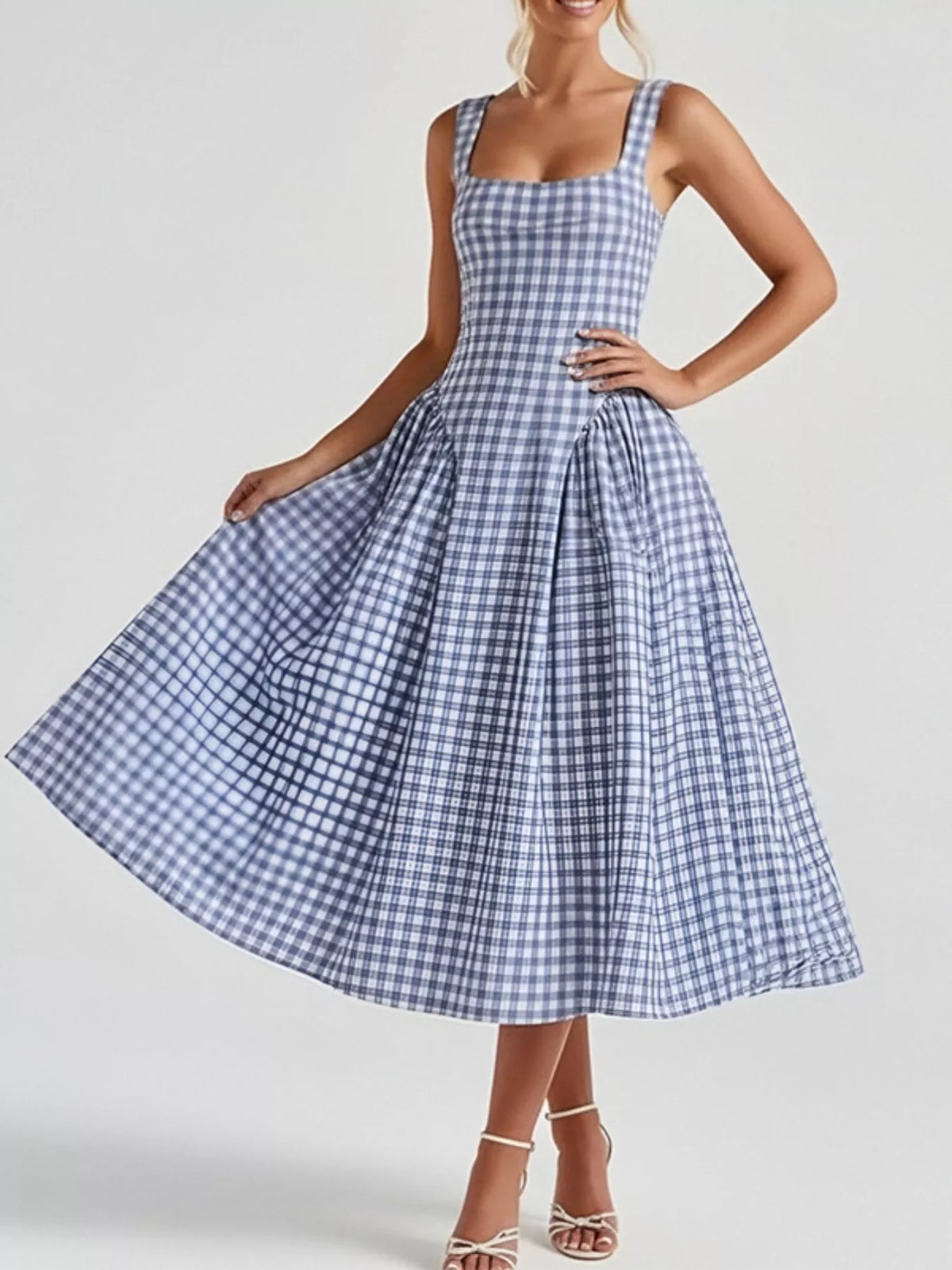 Plaid Square Neckline Midi Dress, view 16