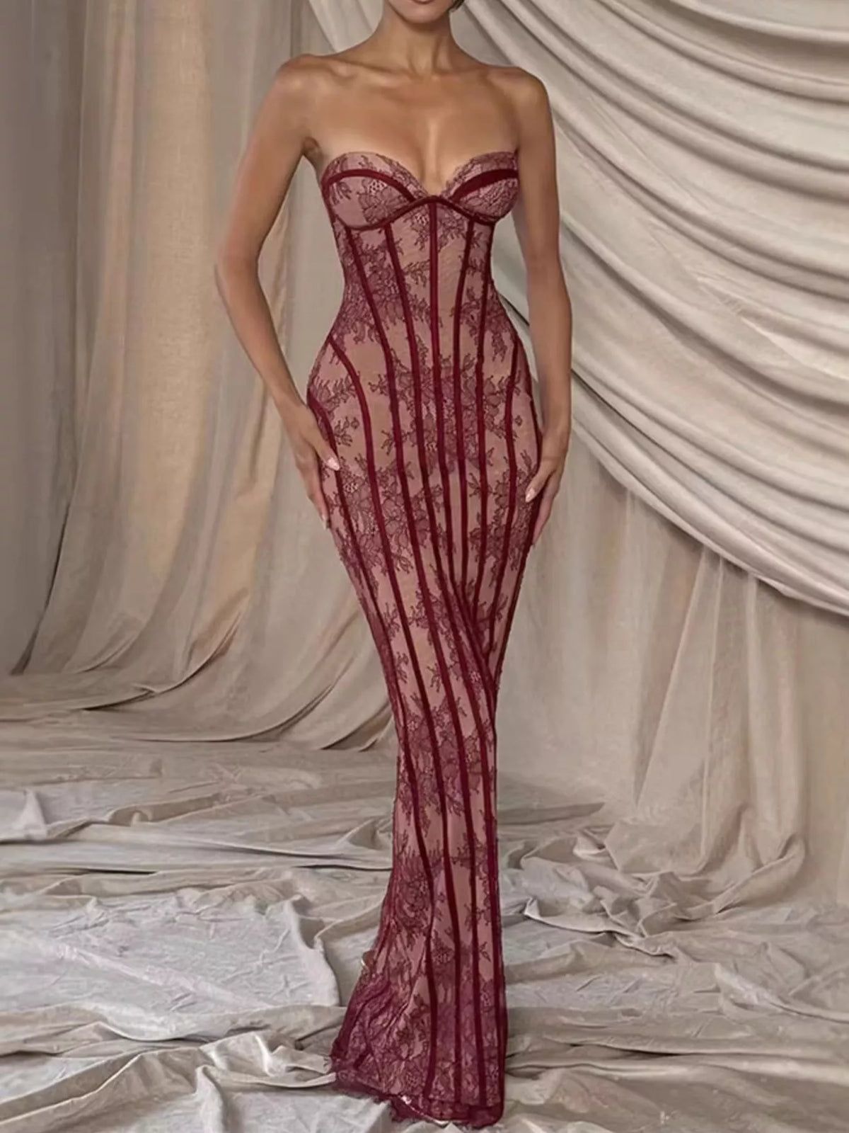 Lace Up Back Strapless Maxi Dress back view