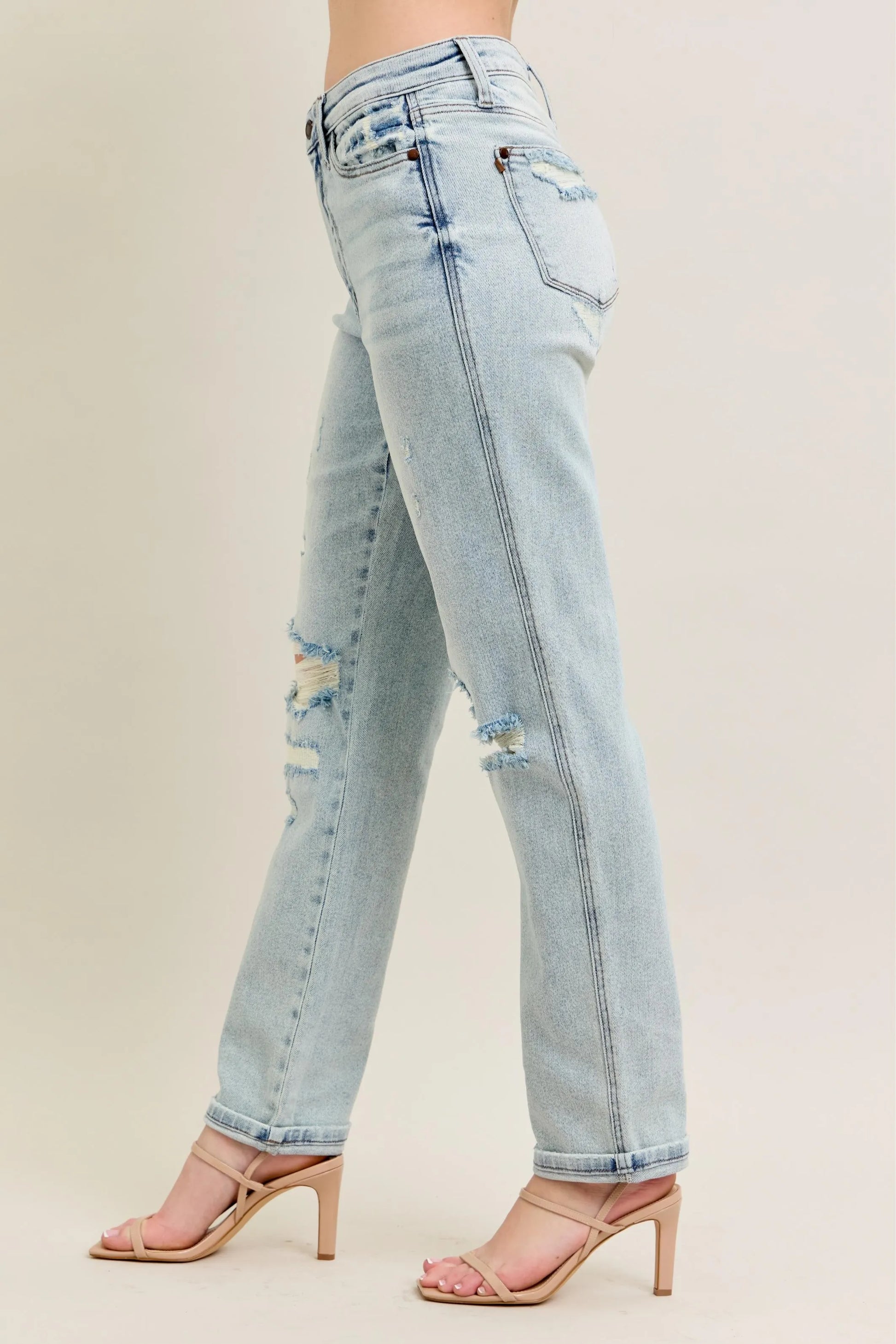 Judy Blue Full Size Mr Repair Stitch Detail Destroy Single Cuff Bf Jeans Plus Size - Fashorio