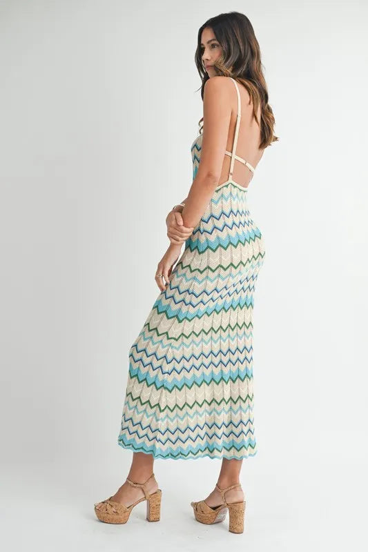 MABLE Lightweight Pointelle Chevron Knit Maxi Dress - Fashorio