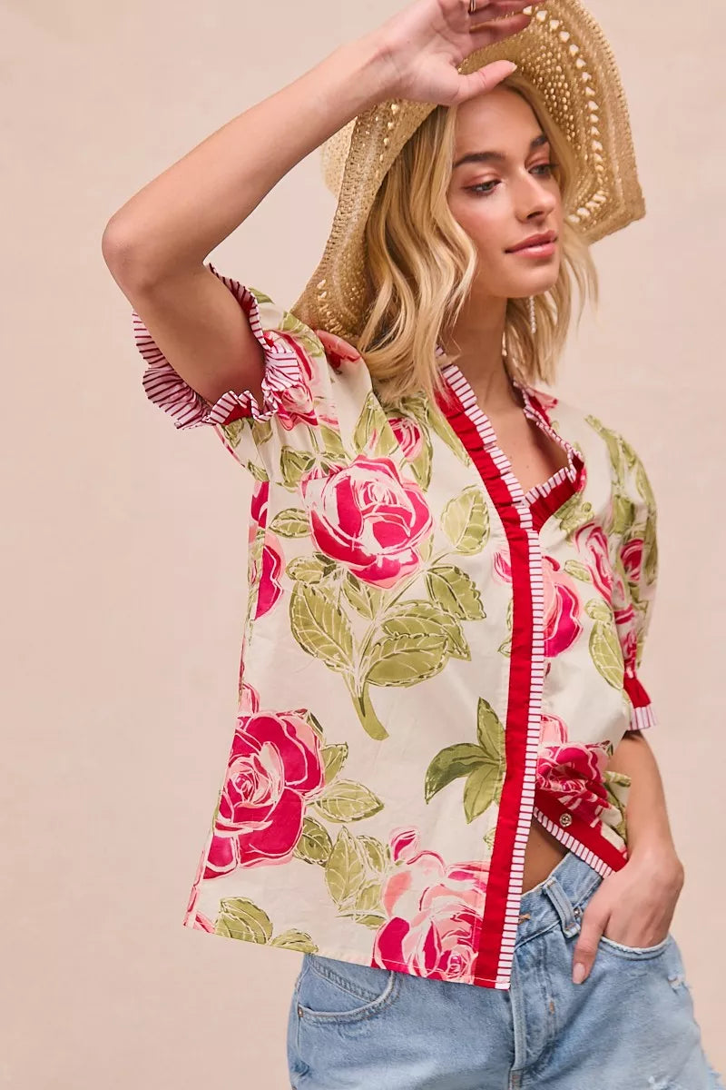 Contrast edge ruffle detail on blouse