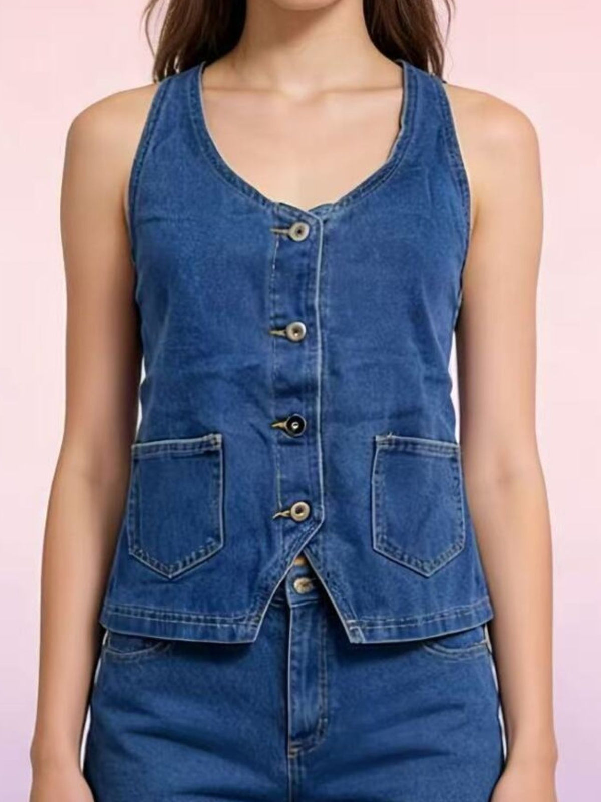 Halter Neck Button Down Denim Vest in Dark Blue close up