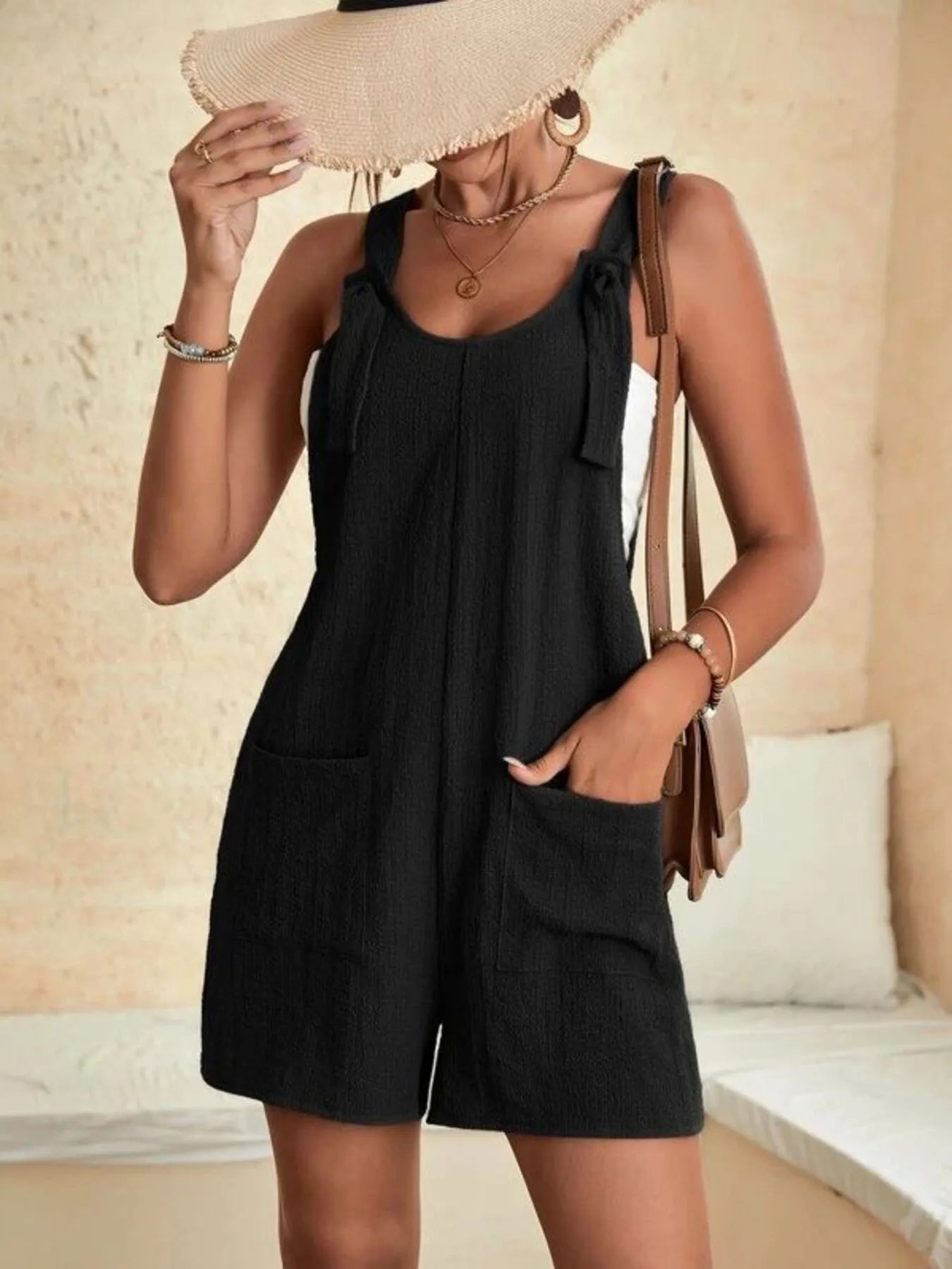 Full Size Knot Strap Romper with Pockets Plus Size - Fashorio