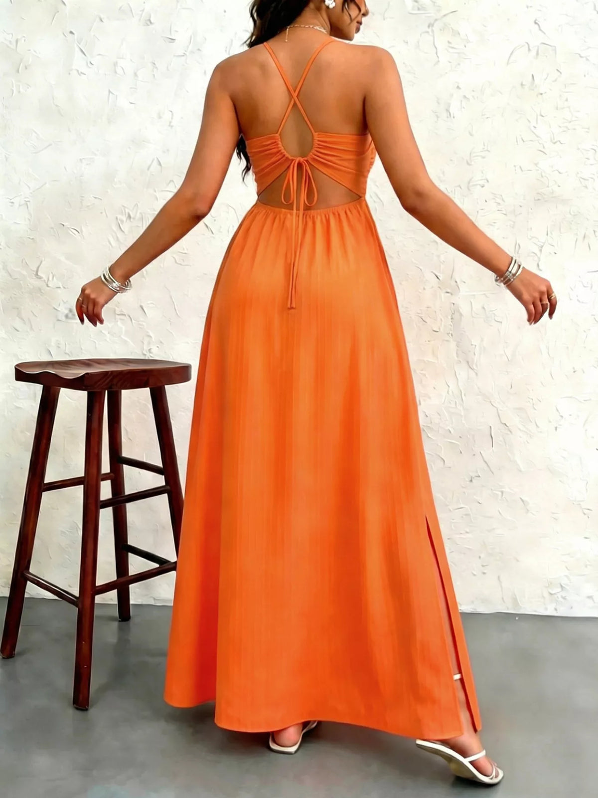 Orange cutout front high slit bodycon maxi dress styled view