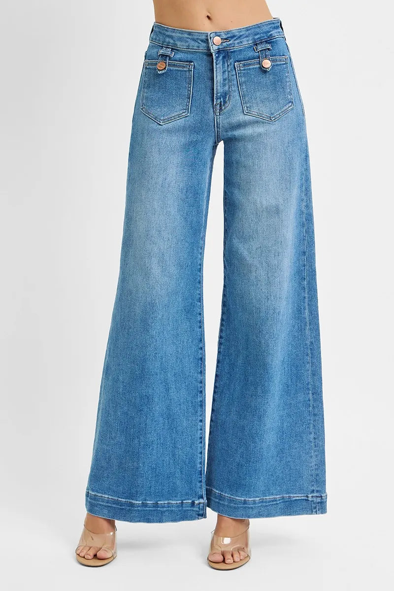 RISEN Full Size Mid Rise Wide Front Patch Pocket Jeans Plus Size - Fashorio