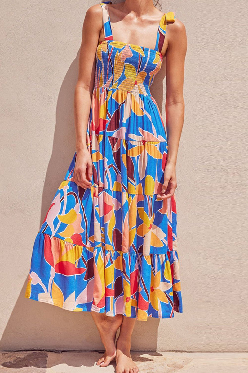 Floral tie shoulder smocked tiered maxi dress front view