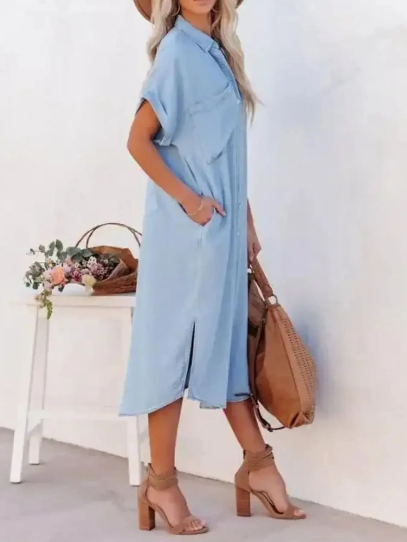 Button Down Denim Midi Shirt Dress - Fashorio