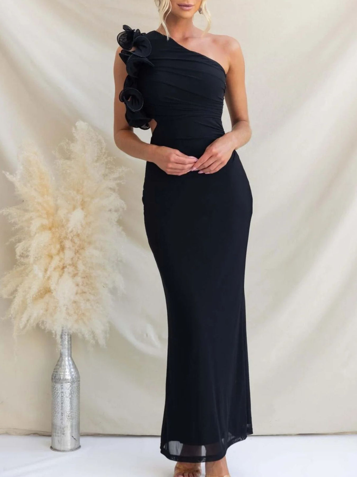 One shoulder floral trim sleeveless maxi dress full length view