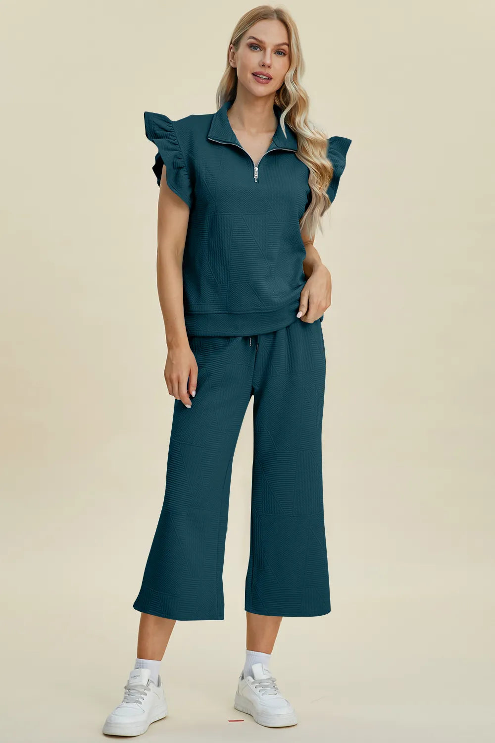 Double Take Full Size Texture Ruffle Short Sleeve Top and Wide Leg Pants Set - Fashorio