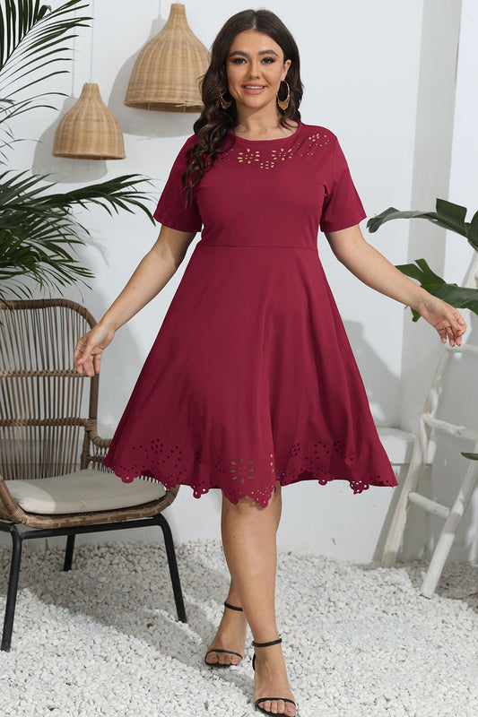Plus Size Round Neck Openwork Dress – Chic Everyday Comfort Deep Red - Fashorio