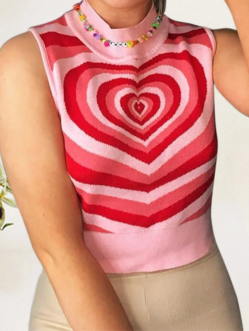 Heart Print Mock Neck Sweater Vest in Pink