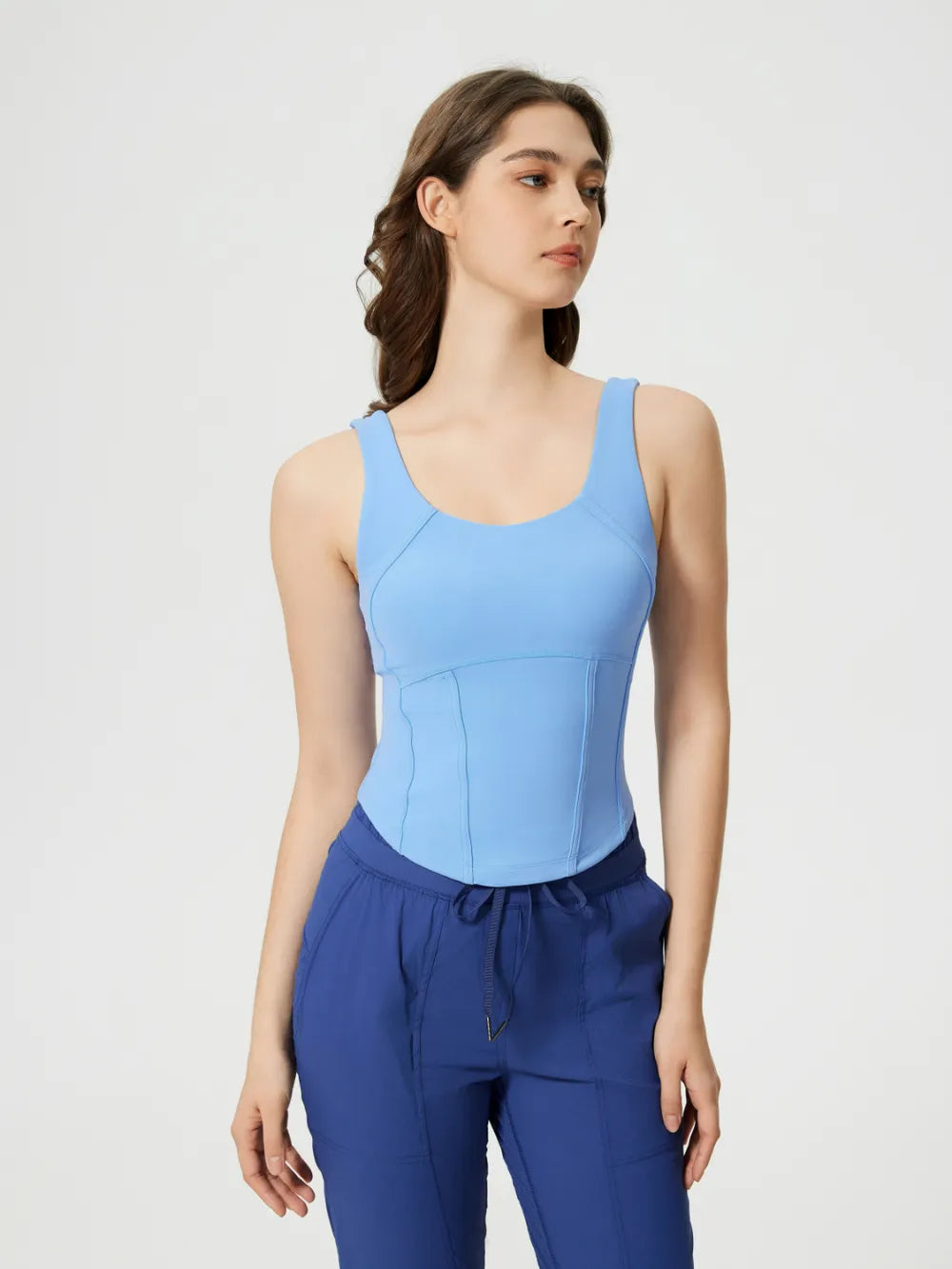 Round neck wide strap padded active tank close up detail