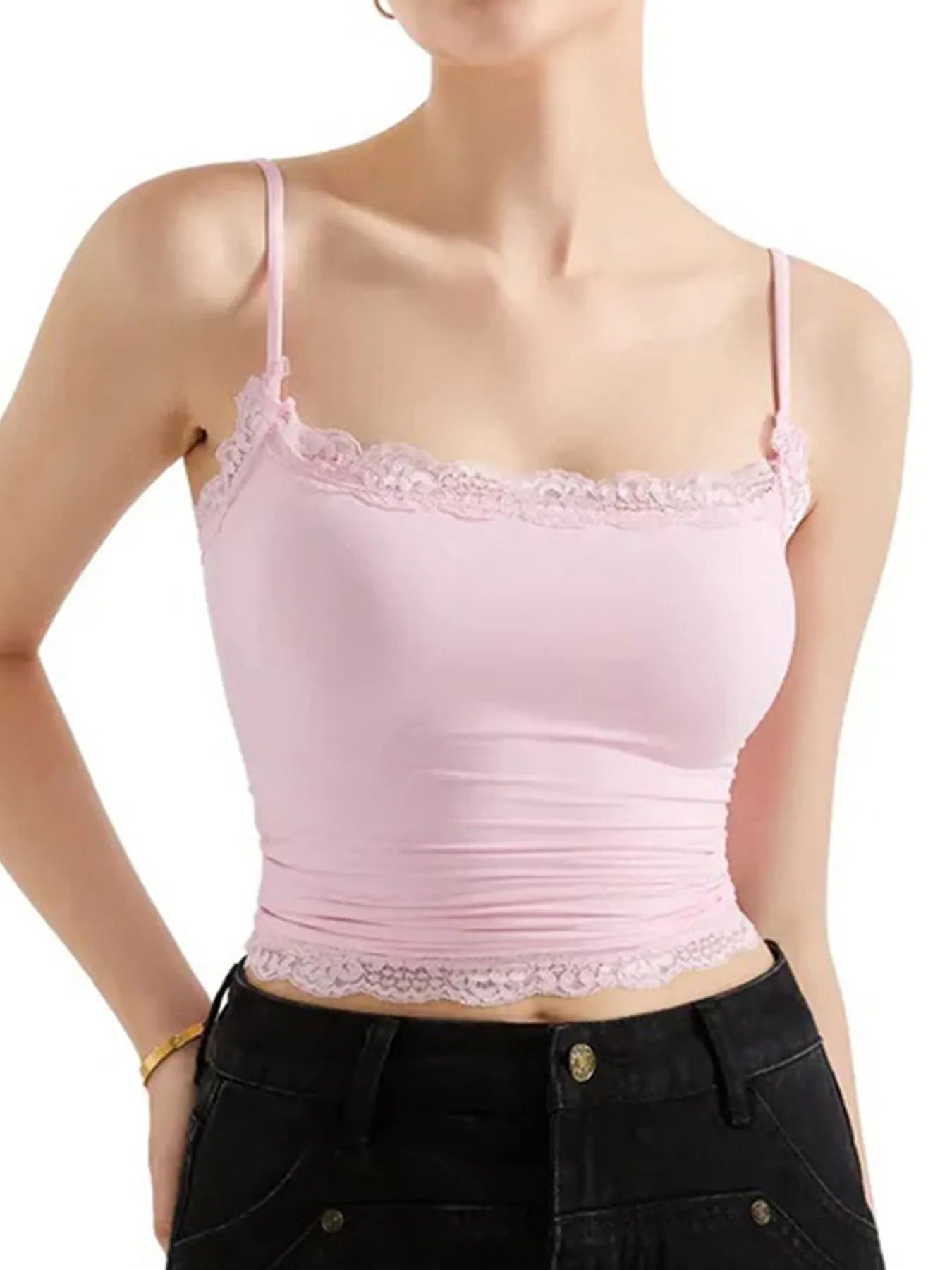 Lace Trim Cami Top Pink - Fashorio