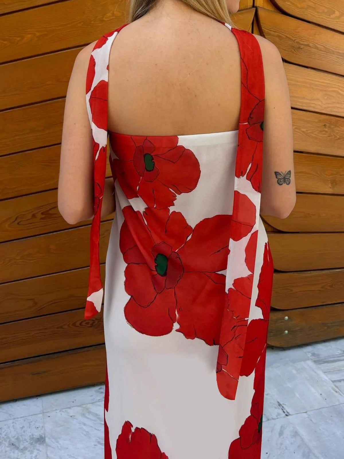 Printed tube maxi dress close up view