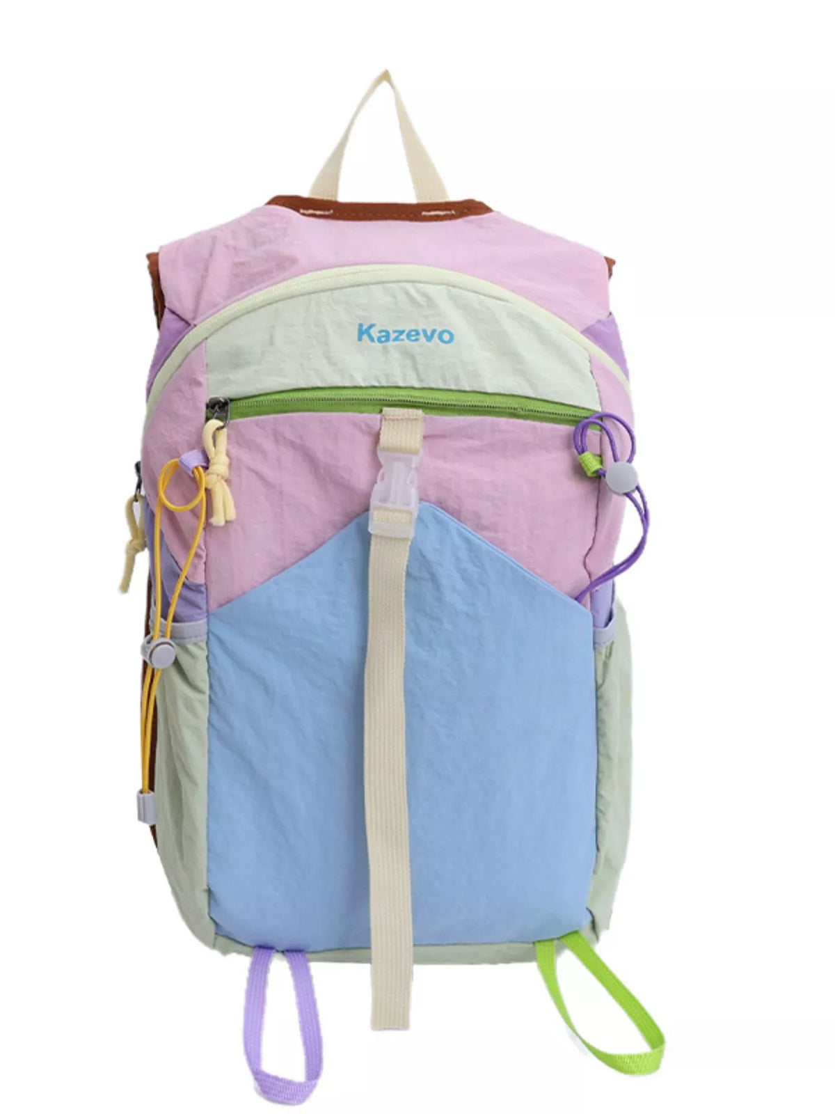 Pastel blue color block backpack top handle close up