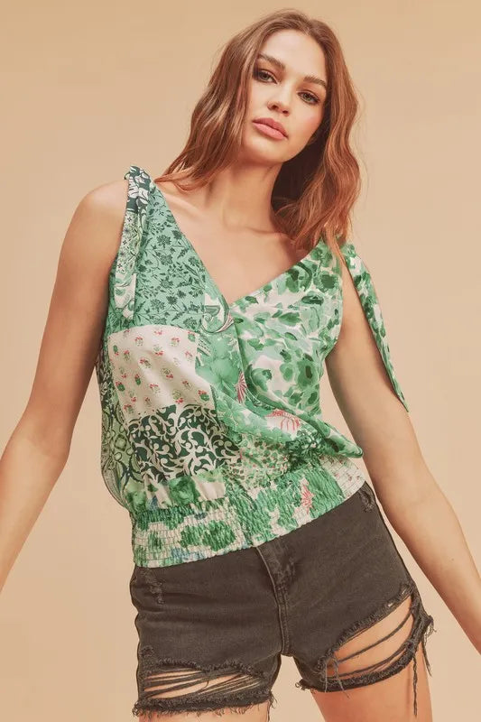 Green smocked hem printed surplice tank front view