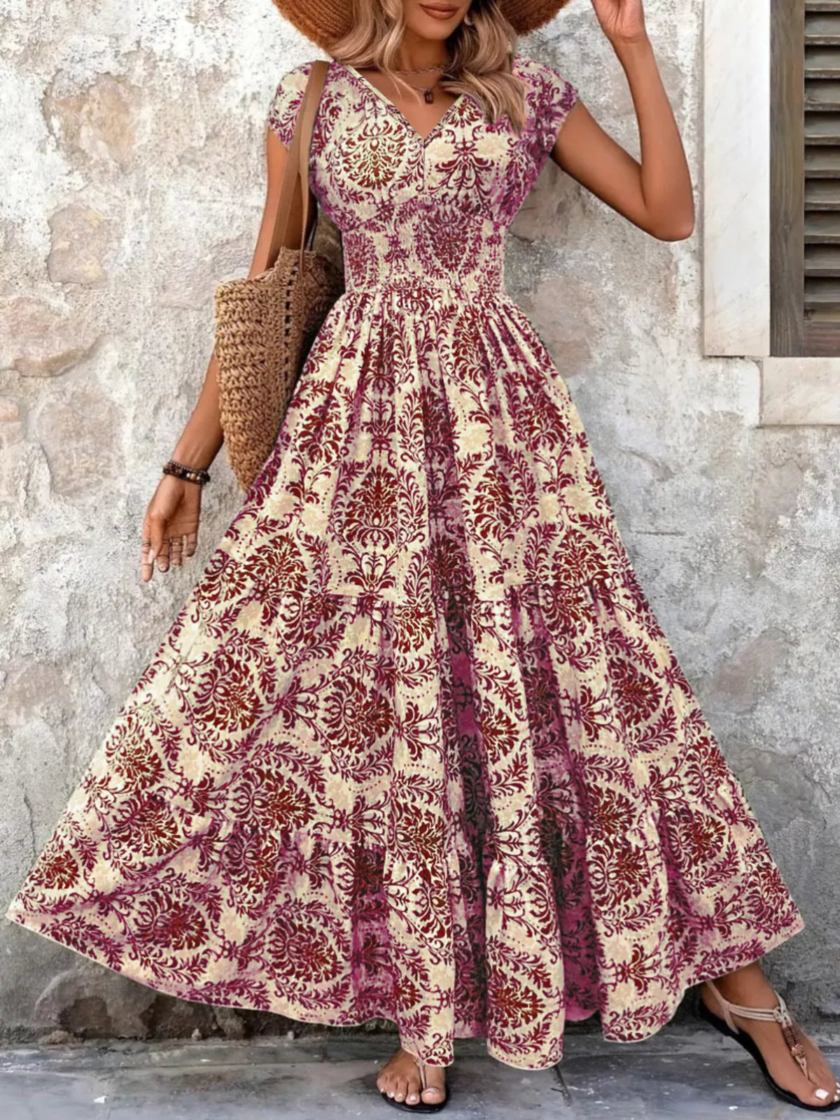 Printed V-Neck Tiered Maxi Dress Plus Size, view 10