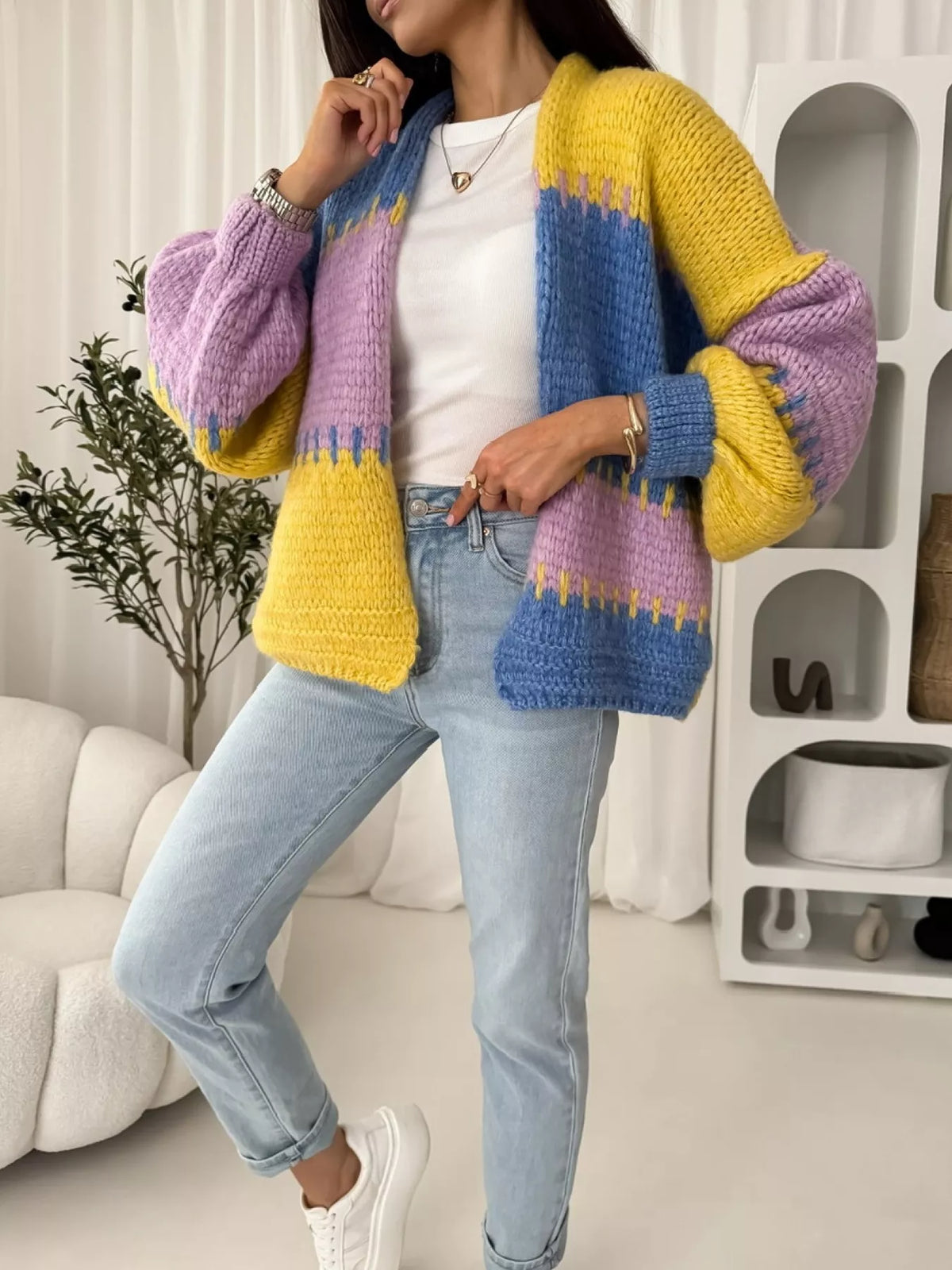Color block open front cardigan color block detail