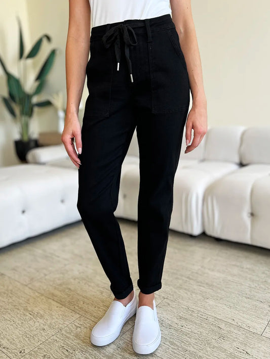 Judy Blue Full Size High Waist Double Roll Cuff Jeans Black - Fashorio