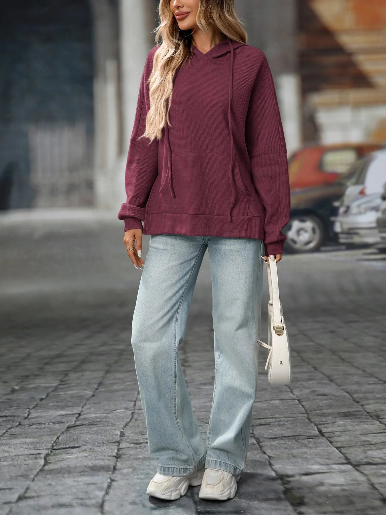 Textured Drawstring Long Sleeve Hoodie - Fashorio