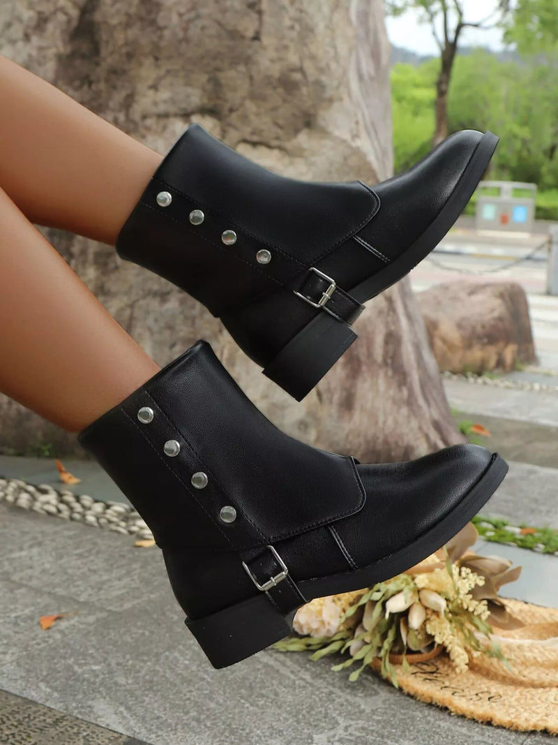 buckle block heel ankle boots front view