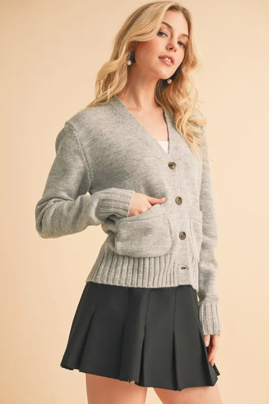 Aemi + Co Ribbed Hem Button Down V-Neck Cardigan - Fashorio