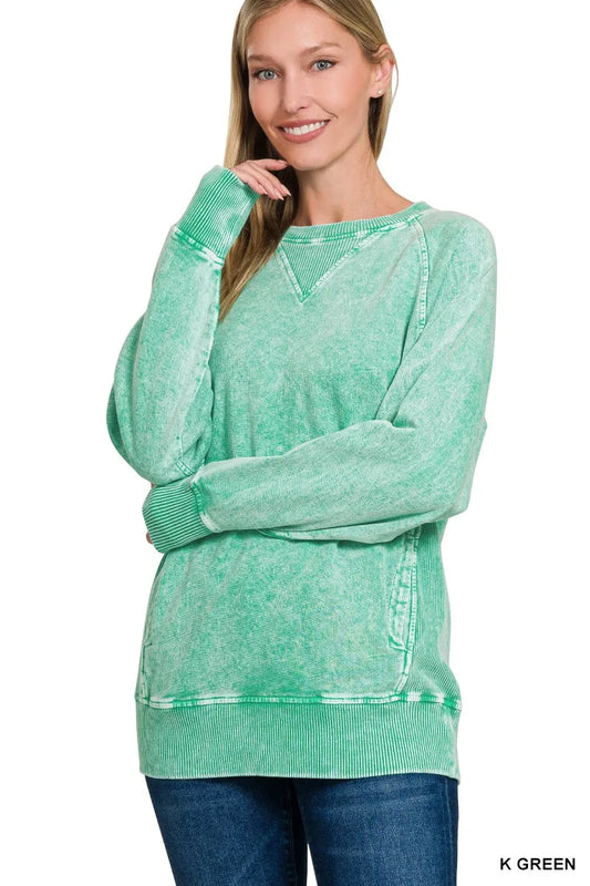 Zenana Halo Snow Washed French Terry Round Neck Sweatshirt - Fashorio