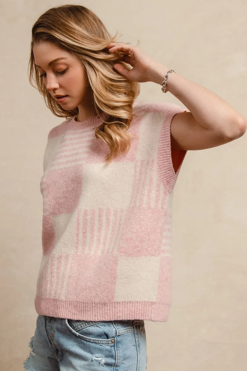 Blush Check and Stripe Sleeveless Sweater side view