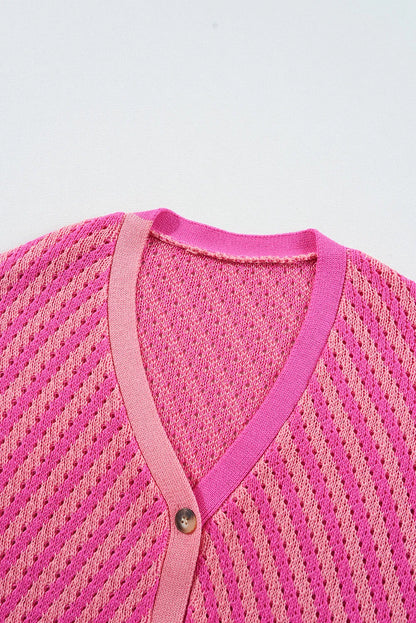 Striped V-Neck Button Up Cardigan - Fashorio