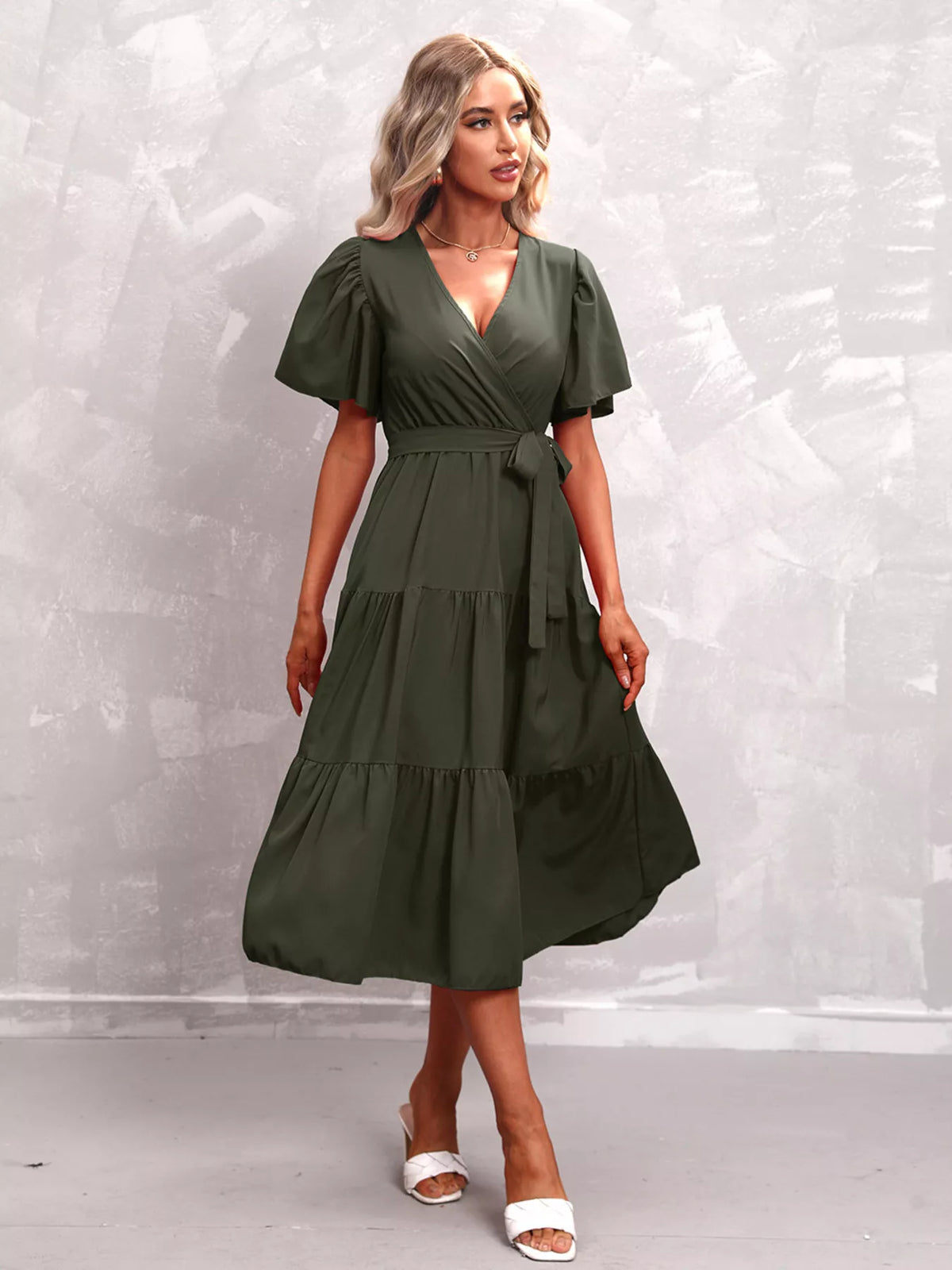 Flutter sleeve tiered midi dress styled outfit view