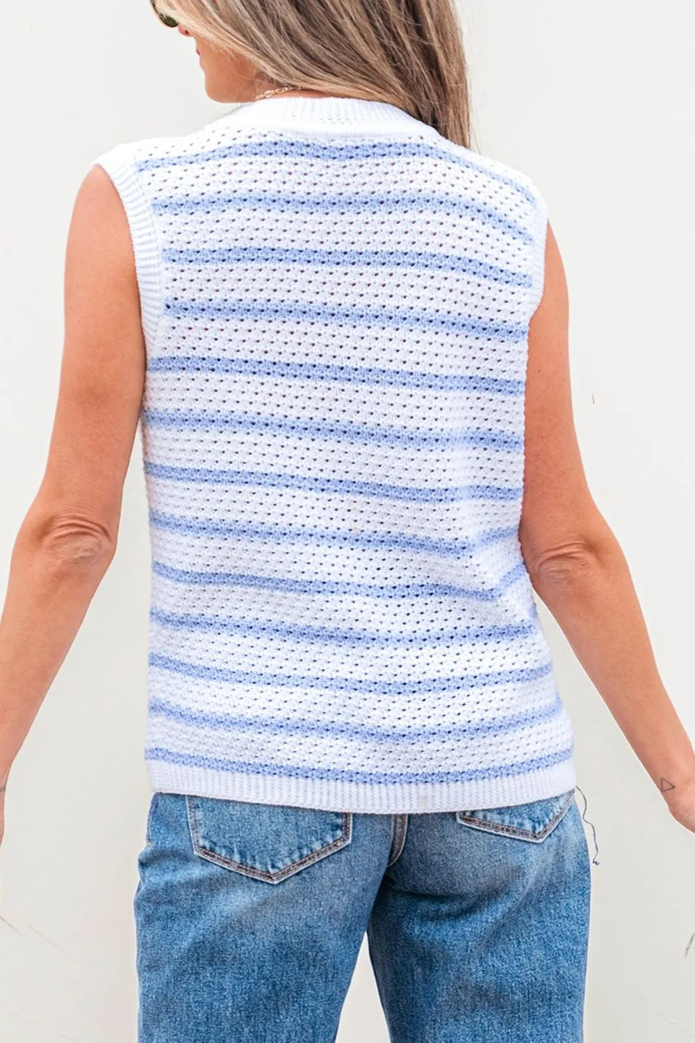 Striped Gold Button V Neck Sweater Vest in Light Blue back view