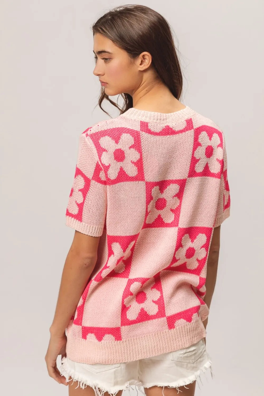 Floral Check Short Sleeve Cotton Blend Sweater back view
