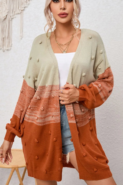 Pompom Color Block Open Front Cardigan - Fashorio