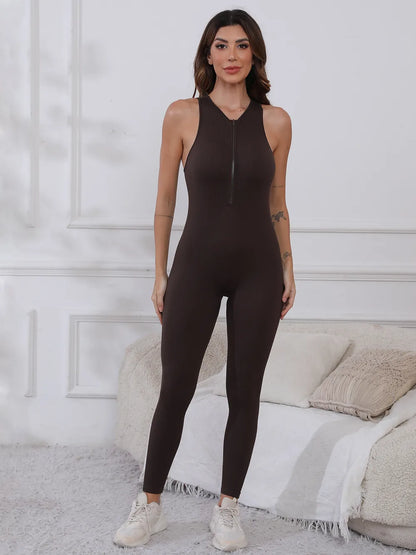 Half Zip Wide Strap Active Jumpsuit - Fashorio