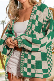 Checkered Open Front Long Sleeve Cardigan Green - Fashorio