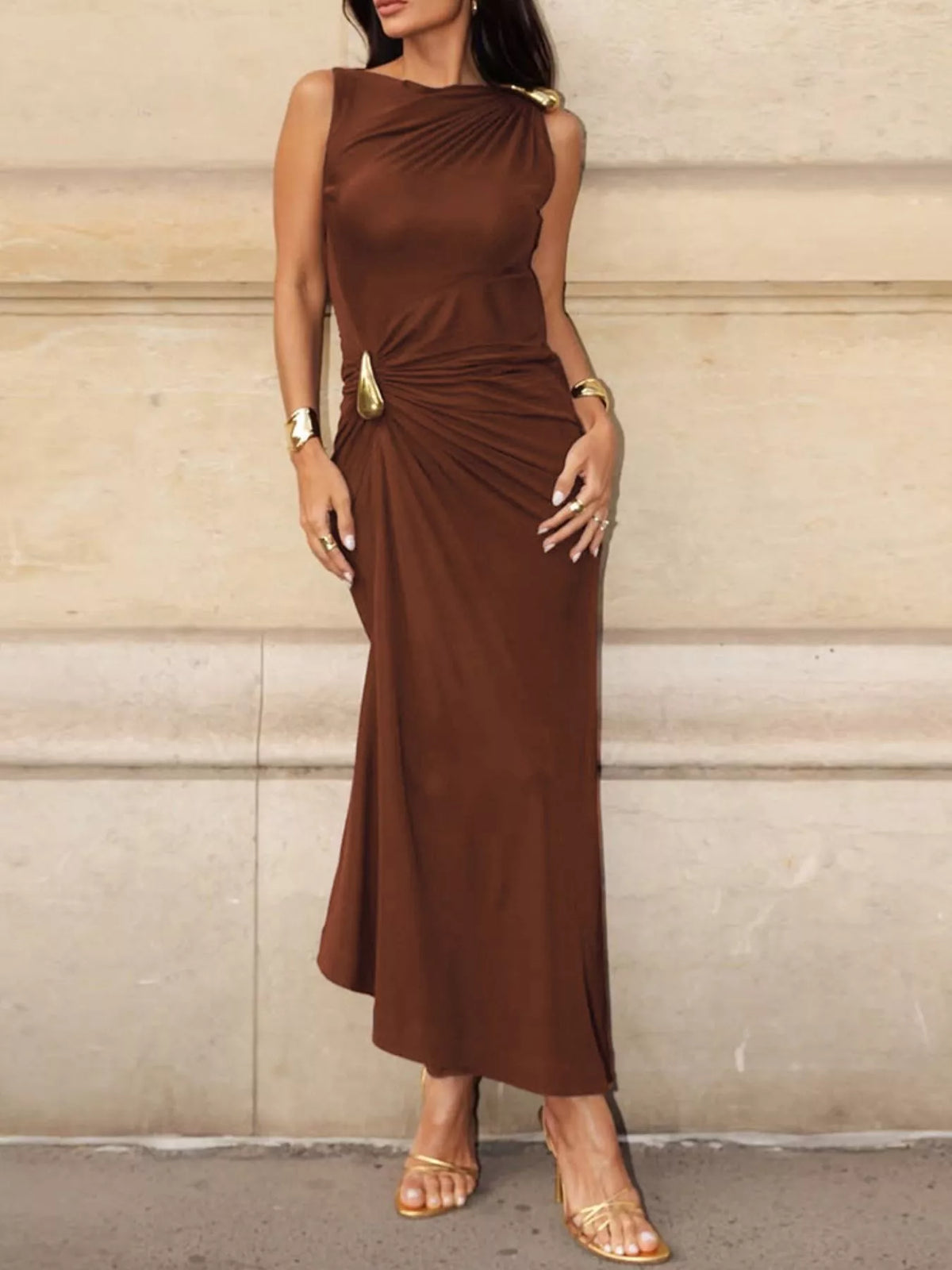 Draped sleeveless bodycon maxi dress side view