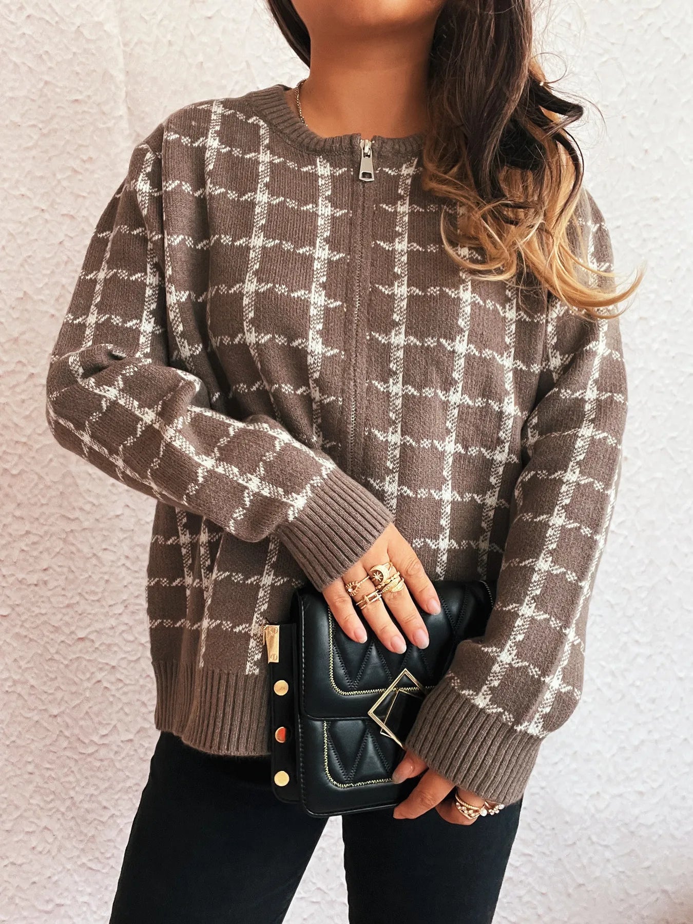 Plaid Pattern Zip Up Cardigan - Fashorio