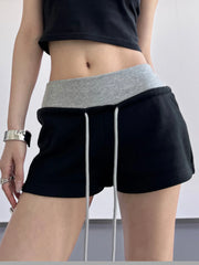 Drawstring Shorts with Contrast Waistband Black - Fashorio