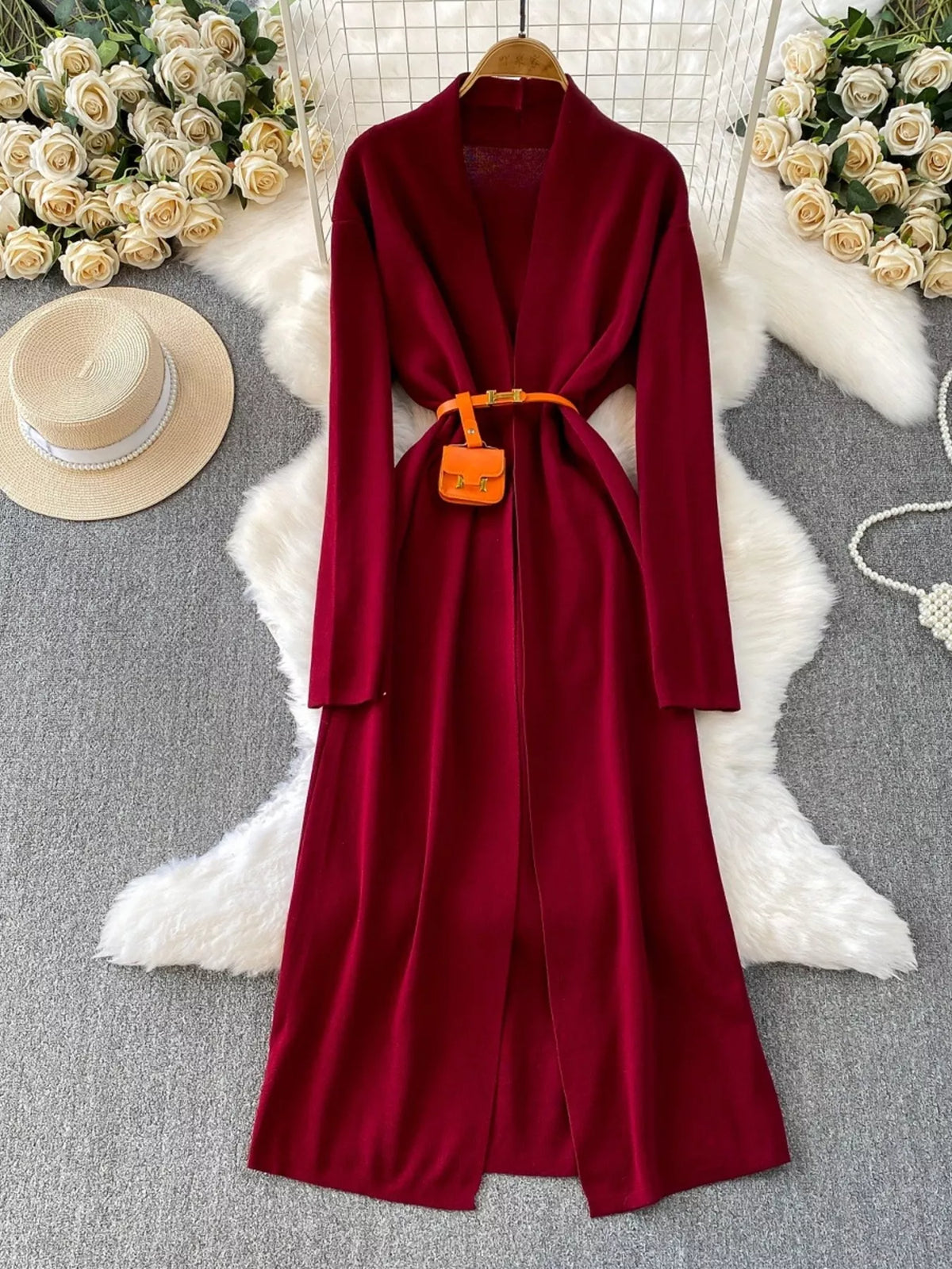 Round Neck Knitted Dress and Cardigan Set, view 8