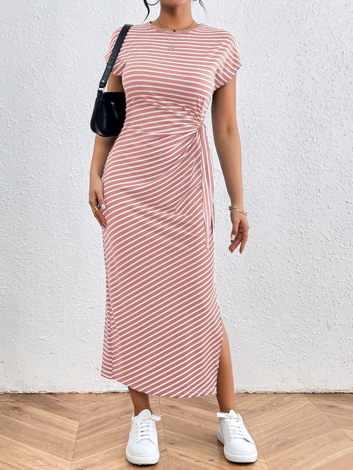 Striped tie waist dress in yellow, front view