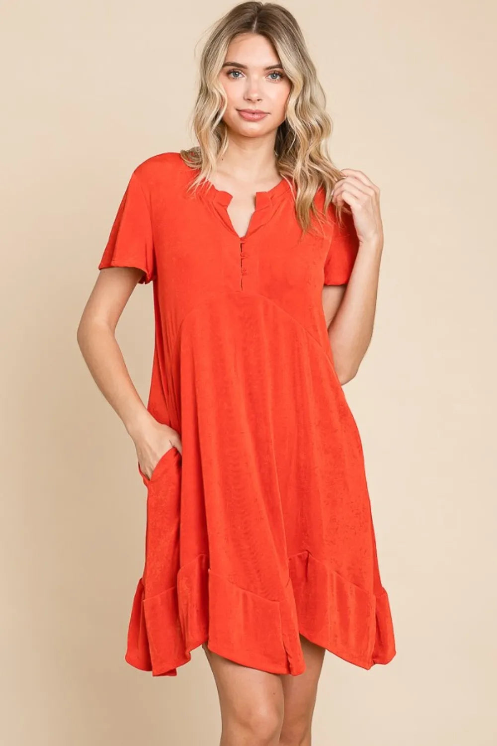 Ruffled Asymmetric Hem Dress in Scarlet