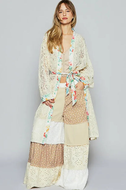POL Floral Trim Lace Open Front Longline Cardigan - Fashorio
