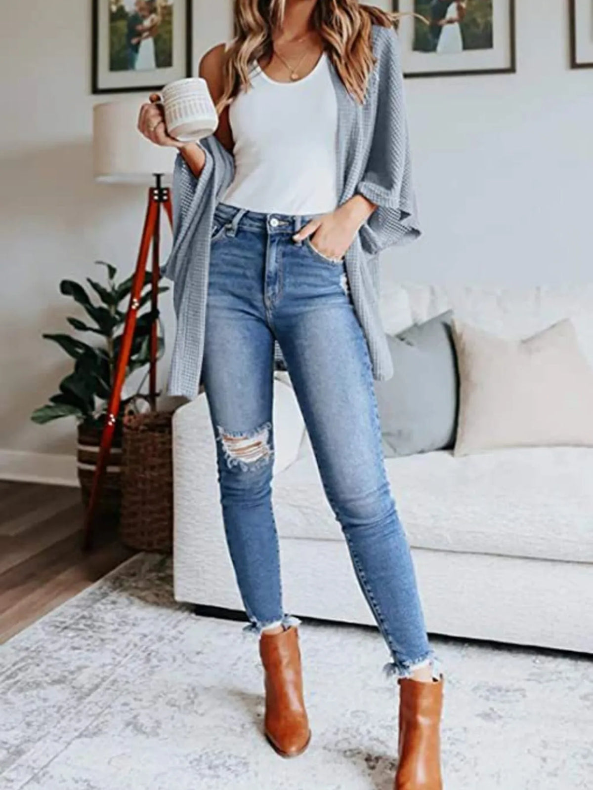 waffle knit open front plus size cardigan styled outfit view