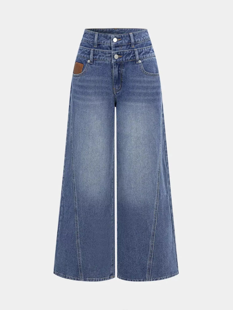 Blue high waist wide leg jeans front view