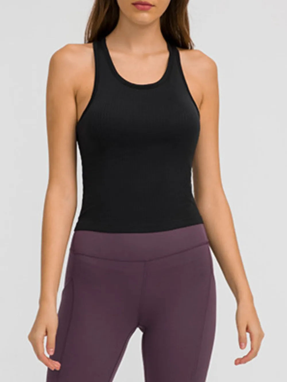 Round neck racerback padded active tank neckline detail