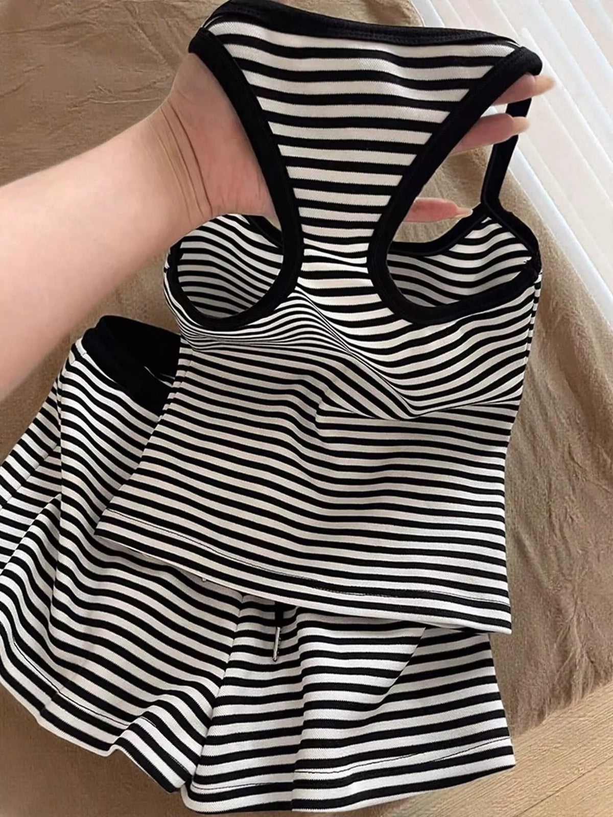 Matching striped tank and shorts back view