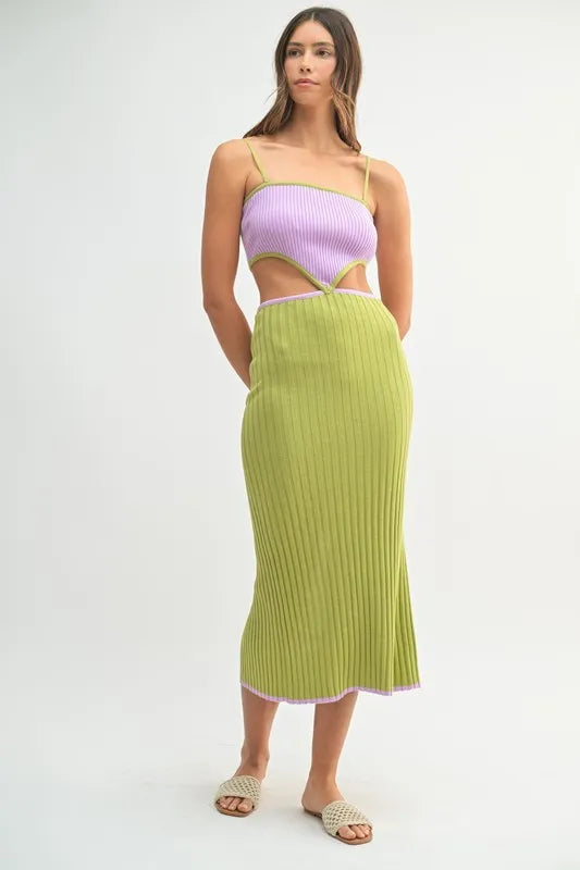 MABLE Ribbed Knit Color Block Cutout Midi Dress - Fashorio