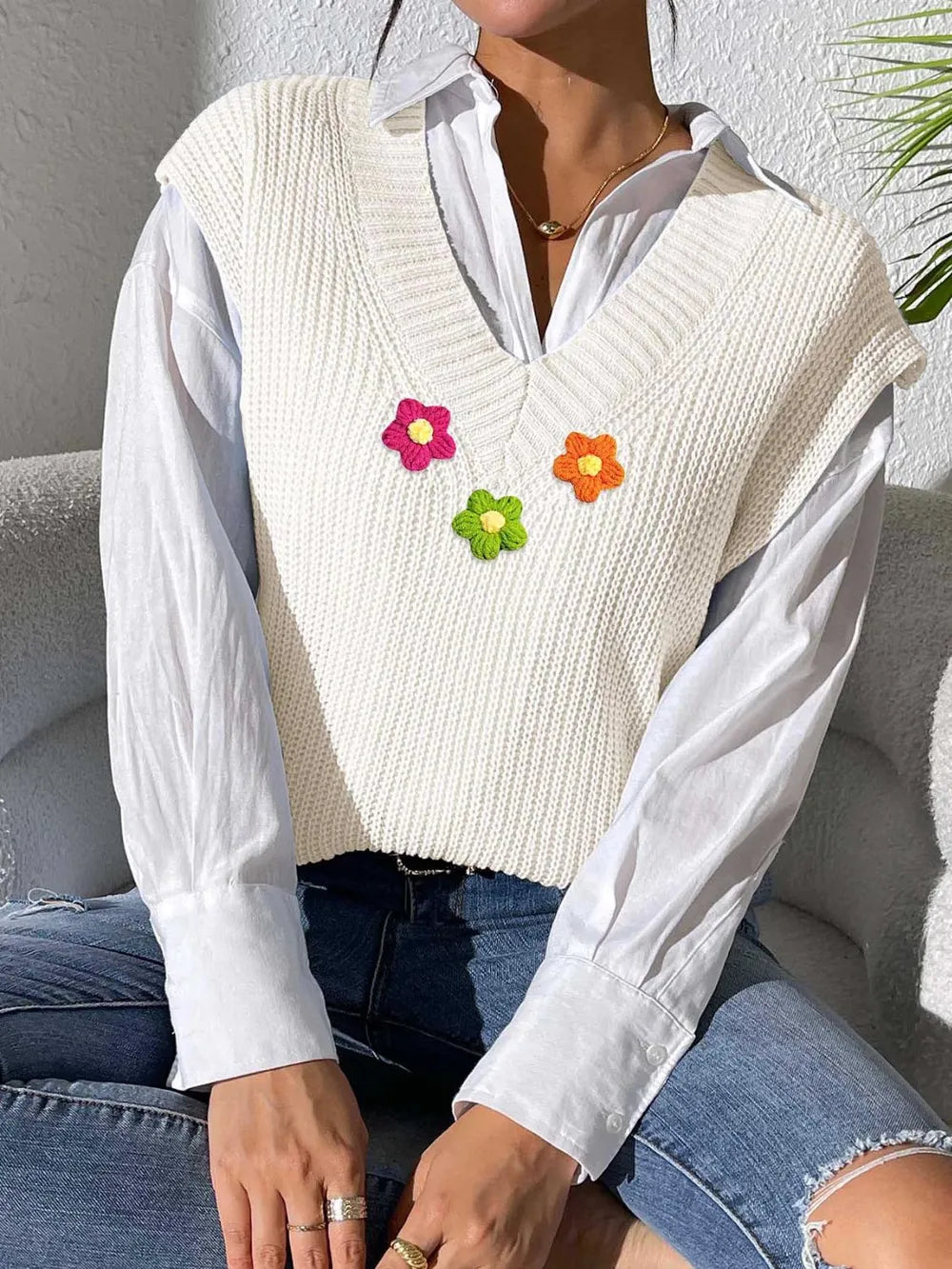 Floral V Neck Sweater Vest in Ivory side view