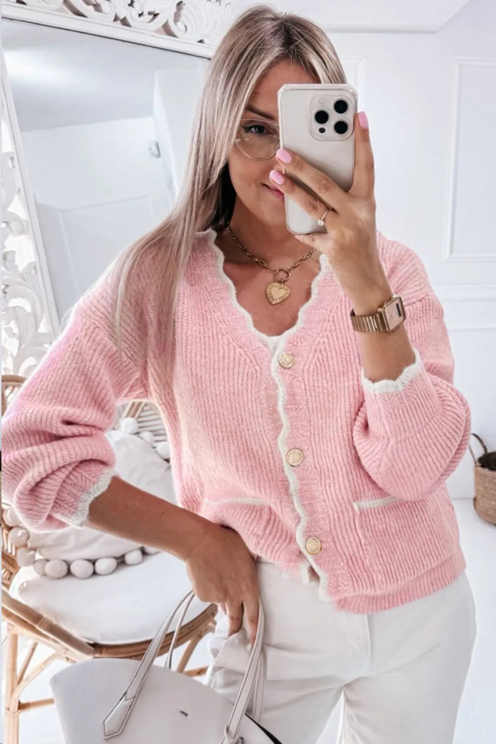 Contrast Trim V-Neck Long Sleeve Cardigan - Fashorio