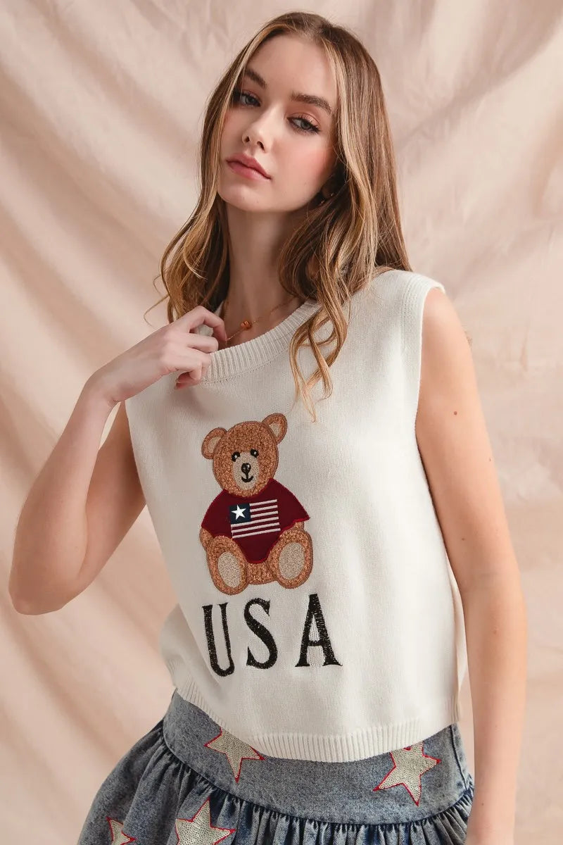 SO ME Teddy Bear Wearing An American Flag With Usa Embroidered Sweater Vest - Fashorio